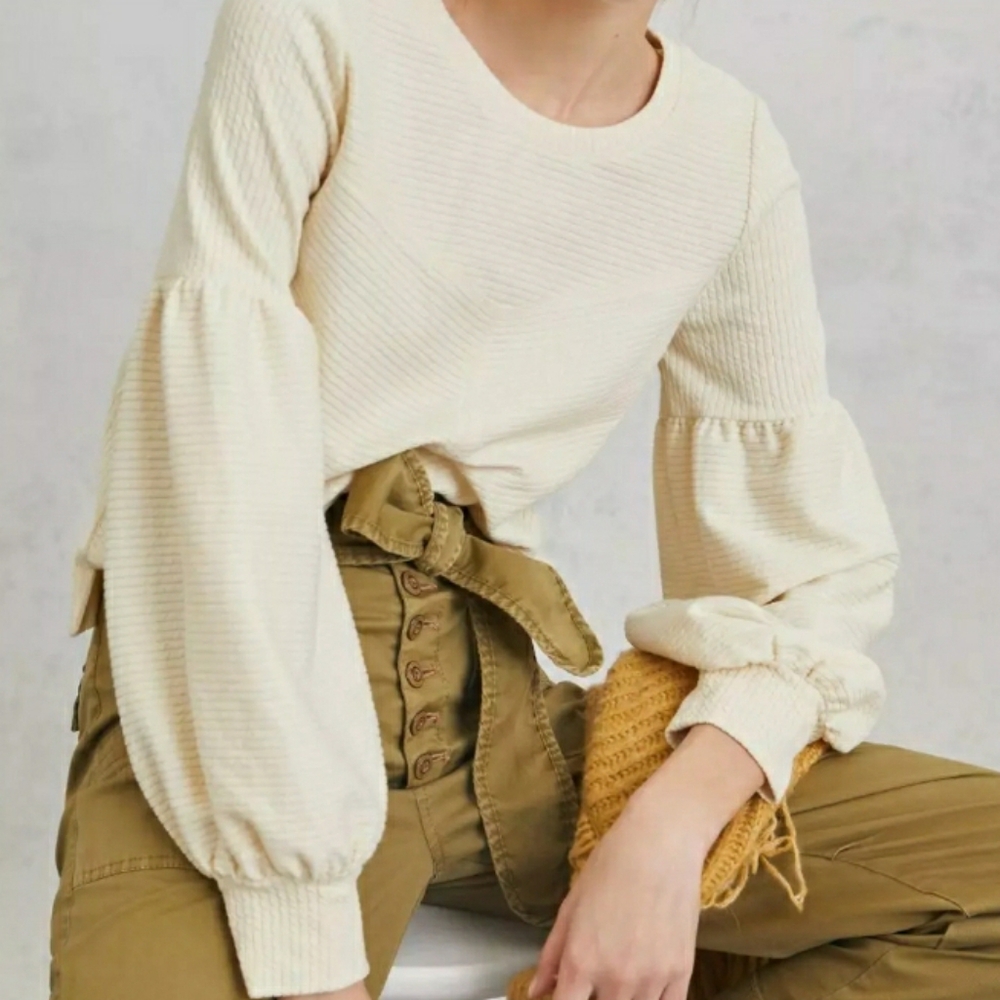 Anthropologie Cream Bayleigh Crop Top Puff Balloon Sleeves M